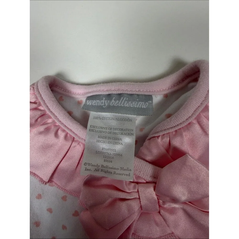 Wendy Bellissimo Baby Girl 2 Piece Pajama Set Pink Hearts Ruffle Bow Size 12M